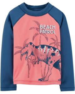 Remera UV "Osh Kosh" - Naranja clarito con mangas largas en azul y dino "Beach Patrol"