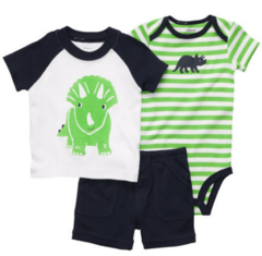 Conjunto "Carter´s" - 3 piezas rayado verde con dino y short azul