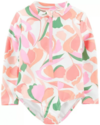 Malla "OshKosh" - Enteriza manga larga, con cierre, blanca con flores rosas, naranjas y verdes