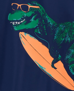 Remera UV "Carter´s" - Azul manga larga con dino verde con tabla de surf - comprar online