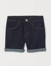 Short "H&M" - De jean, azul oscuro con pespuntos de color, elastizado