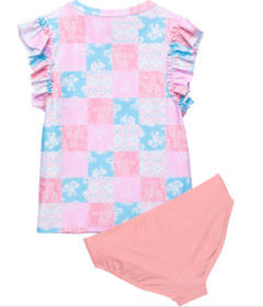 Malla "Pipeline" - 2 piezas, remera UV manga corta con volados rosa, celeste y blanco - comprar online