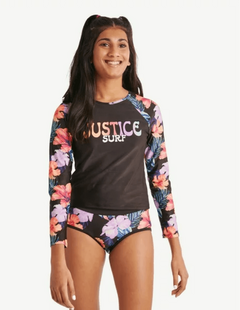 Malla "Justice" - Remera UV manga larga + bombacha negra con flores de colores - comprar online