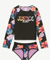 Malla "Justice" - Remera UV manga larga + bombacha negra con flores de colores