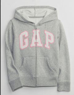 Campera "Gap". Gris con logo blanco y rosa