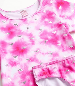 Malla "Real Love" - 2 piezas, remera UV + bombacha batik rosa y blanco con delfines plateados - comprar online