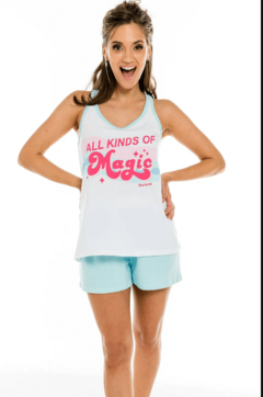 Pijama "Mariene" - TEENS ! Musculosa + short blanco con celeste y rosa "Magic"