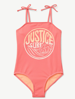 Malla "Justice" - Enteriza rosa acanalada con "Justice Surf"