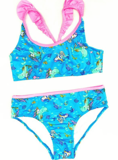 Bikini "Elemento" - Azul con sirenas, delfines y vivos en rosa