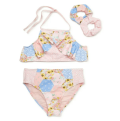 Malla "BMagical" - Bikini rosa con flores liberty con bombacha tiro alto y 2 scrunchie de regalo!!