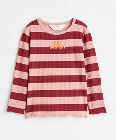 Remera H&M - De morley rayada rosa y bordó con "Big Sister"