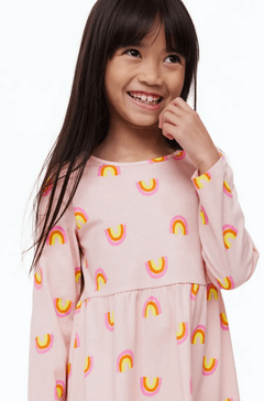 Vestido H&M - Little Girl - De algodón manga larga, rosa con arco iris - Lupeluz