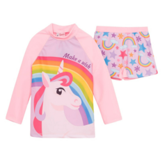 Malla UV "Boneco" - Big Girl - Remera UV + short - Rosa con unicornios y arco iris