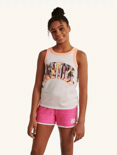 Musculosa "Justice" - Blanca con logo brillitos y vivos en coral - Lupeluz