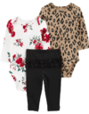 Conjunto "Carter´s" - 3 piezas, body animal print + floreado + pantalon negro con volados