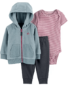 Conjunto "Carter´s" - 3 piezas campera micropolar celeste + body rayado + pantalón de algodón