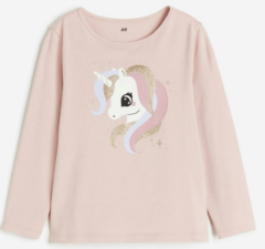 Remera H&M - Little girl - Rosa, manga larga, con unicornio pelo brillitos