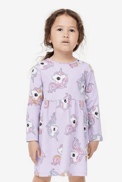 Vestido H&M - De algodón manga larga, lila con unicornios - Lupeluz
