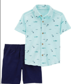 Conjunto "Carter´s" - 2 piezas camisa verde con peces + short azul oscuro