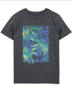 Remera "Carter´s" - Gris oscuro con dinos verdes y dibujo en azul