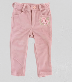 Pantalón "Old Bunch" - De plush rosa, con flor bordada, corte jean