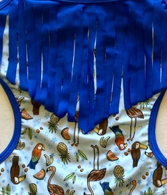 Trikini "Marcela Koury" - Enteriza azul francia con flecos, estampado con tucanes en internet
