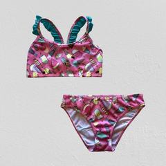 Bikini "Marcela Koury" - Rosa con helados y volados en turquesa - comprar online
