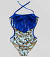 Trikini "Marcela Koury" - Enteriza azul francia con flecos, estampado con tucanes