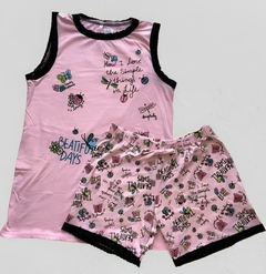 Pijama "Wolmeli" - Musculosa + short rosa con letras y detalles encaje negro - comprar online