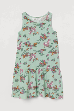 Vestido H&M - Little Girl - Verde con florcitas y animalitos