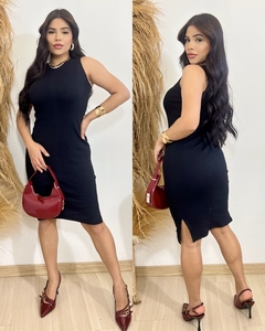 Vestido Midi canelado- Preto