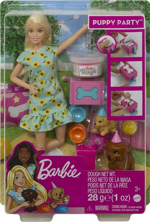 Muñeca Barbie Fiesta de Cachorros con 2 cachorros, masa, molde para torta y accesorios Mattel