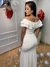Imagem do vestido longo, tecido neocrepe, ombro a ombro para noivas