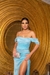 Vestido longo de lurex com fenda azul tiffany - loja online