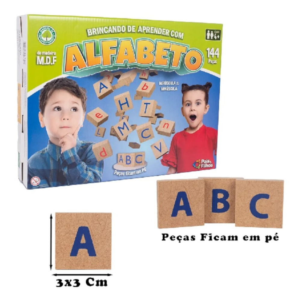 Jogo Educativo Brincando de Aprender c/ Alfabeto 144 Peças Madeira - Pais e  Filhos