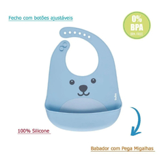 BABADOR DE SILICONE COM PEGA MIGALHAS GUMY AZUL - BUBA - Mei-Mei Papelaria - Sempre Presente com Você