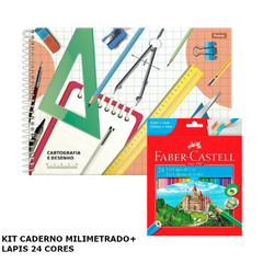 KIT ESCOLAR CADERNO DE DESENHO MILIMETRADO + LAPIS 24 CORES