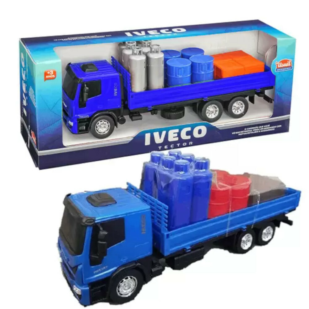 Caminhão de brinquedo Iveco Tector arqueado, tudo bem simples. 