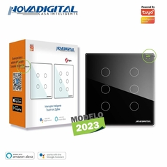 Interruptor Touch Zigbee 4x4 de 6 Botões Mesh Preto Novadigital Tuya