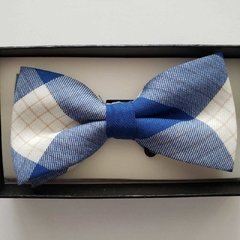 Gravata Borboleta Jacquard Xadrez Azul Ciano com Azul Royal e Branco