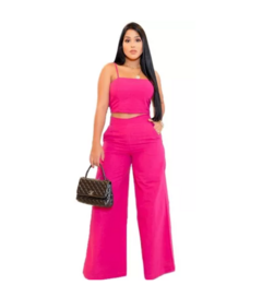 Conjunto Calça Pantalona E Cropped De Linho Wide Leg Pink