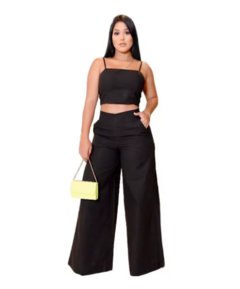 Conjunto Calça Pantalona E Cropped De Linho Wide Leg Preto