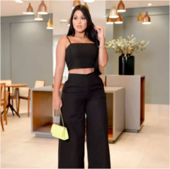 Conjunto Calça Pantalona E Cropped De Linho Wide Leg Preto na internet