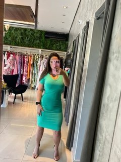 Vestido manga malha canelada verde - comprar online