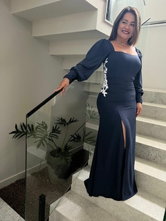 Vestido Razzo longo azul marinho com aplicação branca - comprar online