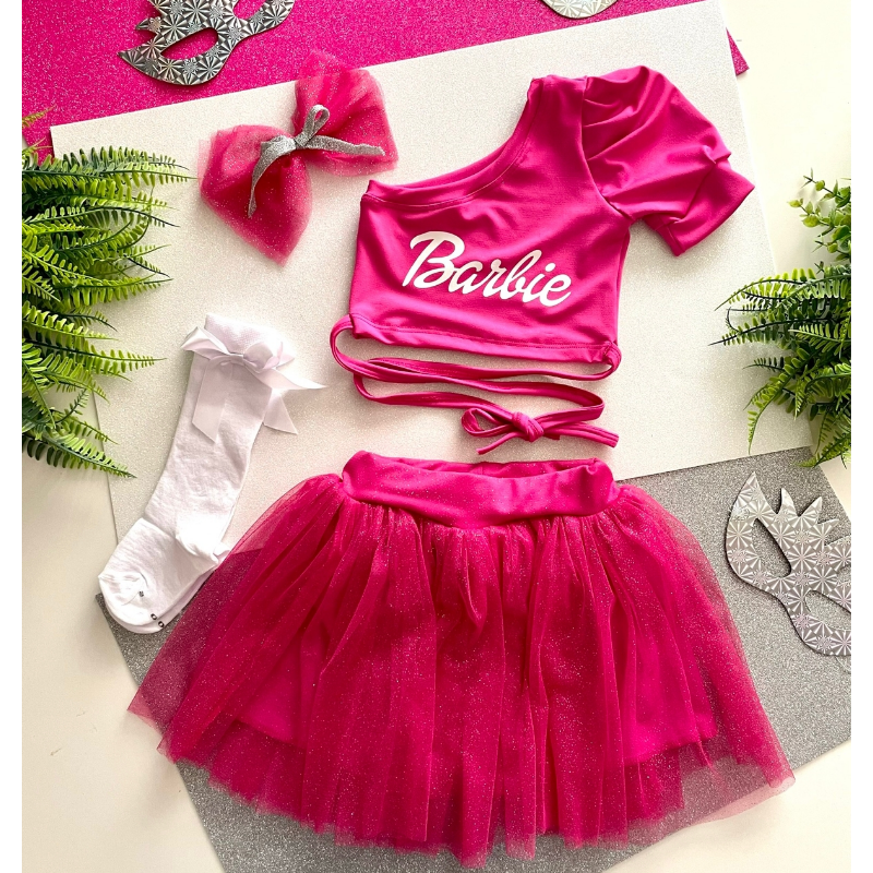 Vestido Infantil Barbie Saia Rosa de Tule Com Glitter