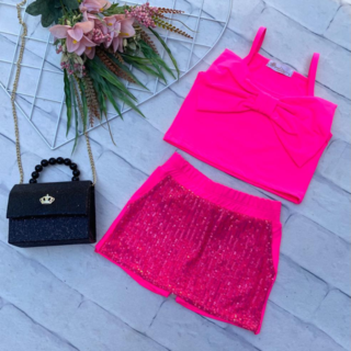 Conjunto Pink Neon ( cropped e shorts saia em cotton)