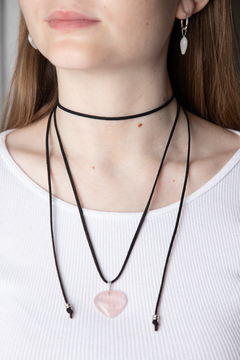 Collar Corazon cordon negro - Cuarzo Rosa - comprar online