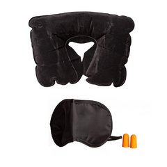 Almohada inflable, antifaz y tapones para oídos