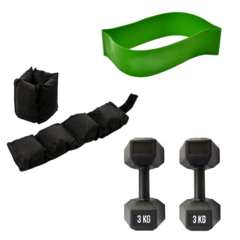 Kit Entrenamiento N12 Par de Mancuernas 3kg + Par de Tobilleras 2kg + Banda Latex Media